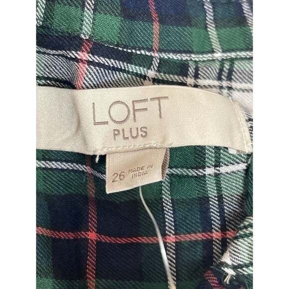 LOFT Plus Women’s 26 Plaid Ruffle Henley Flannel Top Red Green Navy Holiday NWT - Picture 11 of 13